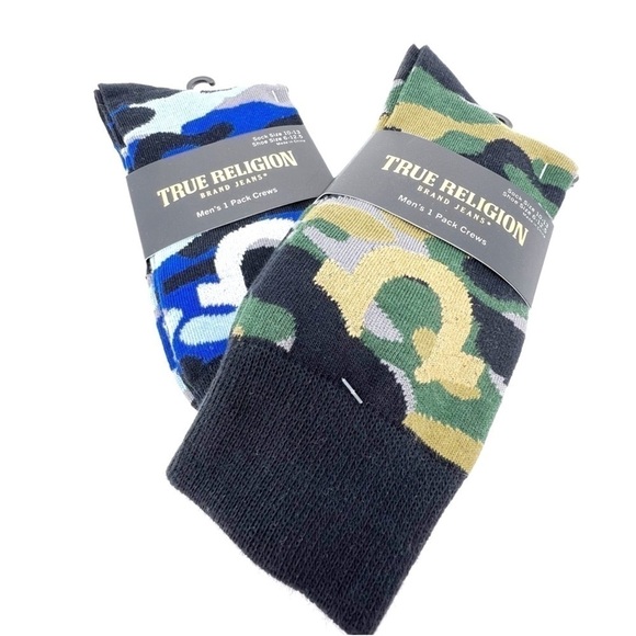 True Religion Men’s Crew Socks Camo 2 Pair - 1 Blue 1 Green Cotton New NWT - Picture 3 of 3
